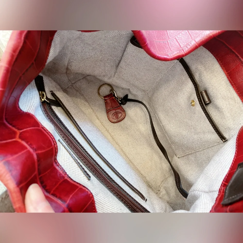 Dooney & Bourke Red Croc-Embossed Leather Hobo with Brown Trim